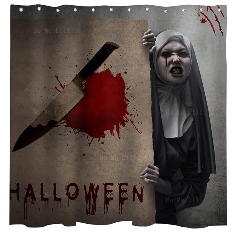 

Scary Devil Nun Splashes Of Blood Grunge Style Halloween Theme Horror Bloody Hands Black Shower Curtain For Party Decor