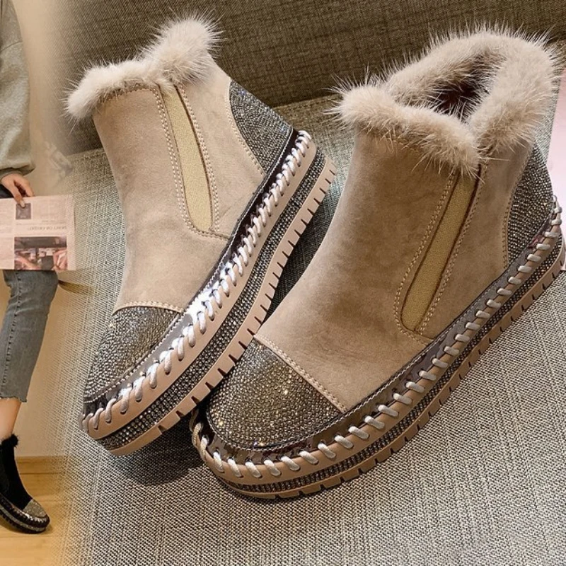 

Warm Real Mink Fur Shoes Women Luxury Crystal Hand Stitching Leather Winter Large Size High Woman Slip-on Platform Flats 35-43