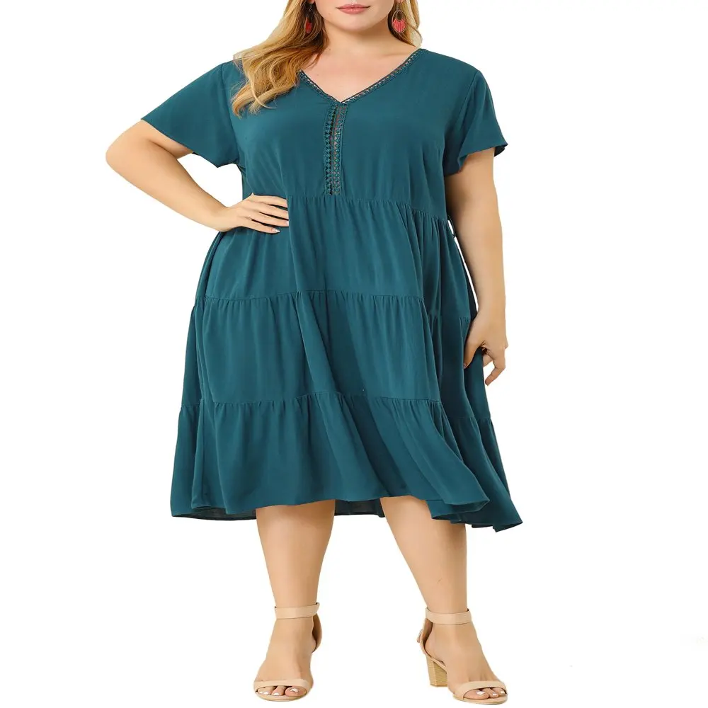 

Women`s Plus V Neck Short Sleeve Tie Waist A-Line Dress