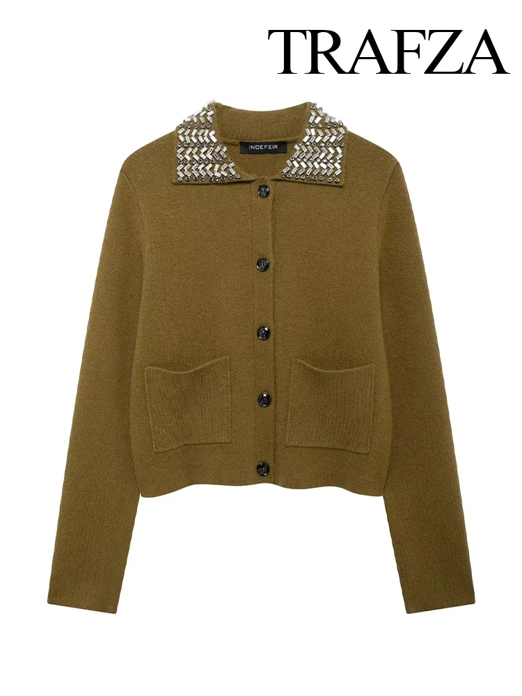 TRAFZA женские модные украшения вязаный кардиган с лацканами свитер женский