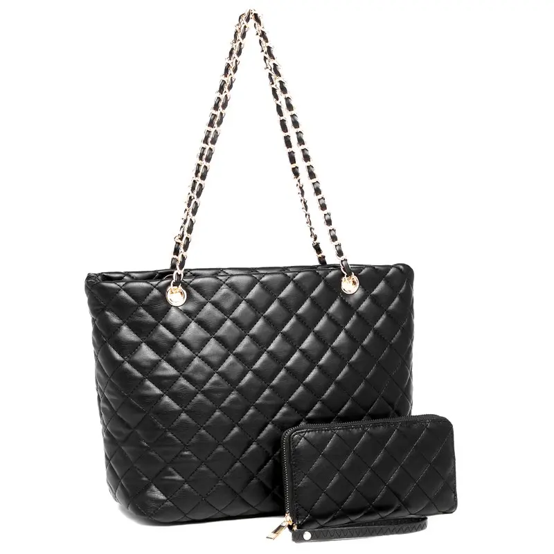

Poppy Women's Classic Quilted Shoulder Bag & Wallet Set Vagan Metal Chain Strap Tote Handbag Purse 2Pcs-Black