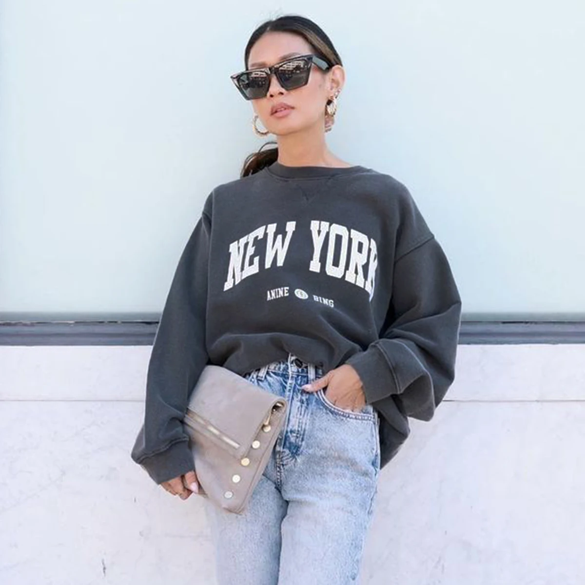 

New York Washed Faded Sweatshirt Women Autumn Winter Vintage Cotton Streetwear Hoodies Femme Oversized 2021 Sweatshirts Tops