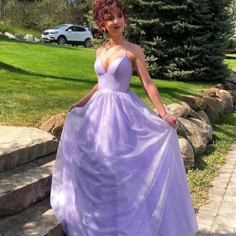 

Женское блестящее вечернее платье, фиолетовое длинное ТРАПЕЦИЕВИДНОЕ ПЛАТЬЕ С V-образным вырезом и перекрестной спиной, бальное платье для выпускного вечера, 2023