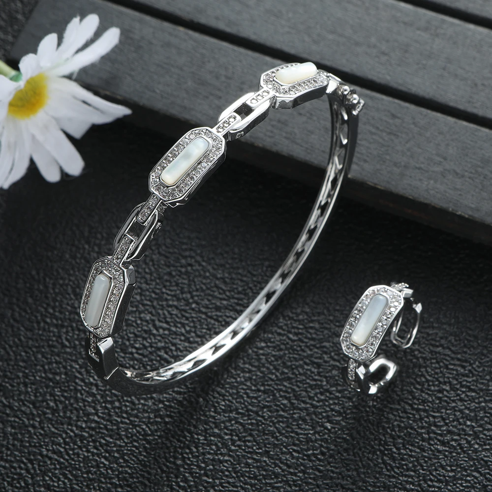 

Роскошные геометрические прямоугольные открытые манжеты, браслет и кольцо для женщин, свадебные украшения, 2 шт.