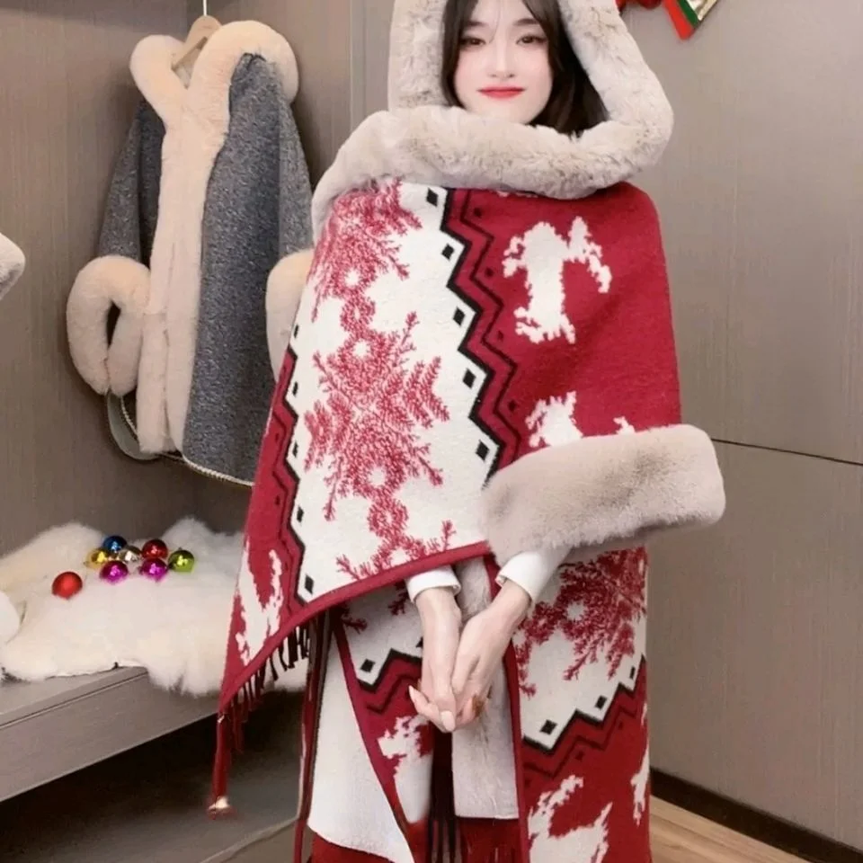 

Рождественская накидка с капюшоном из искусственного меха норки, воротник, шаль, шарф с бахромой, накидка с рукавом летучая мышь, снежинка, о...