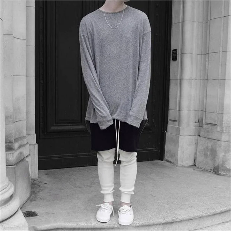 

T-shirt men long sleeve oversized tops loose t shirt irregular hem off shoulder t-shirt swag hip hop men tees