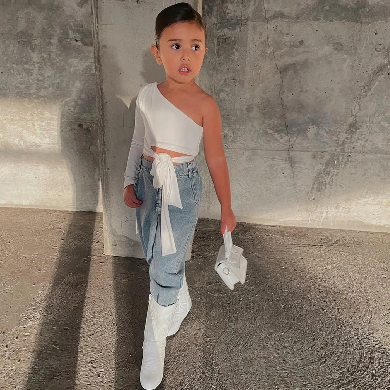 White Kids Girls One-Shoulder Crop Tops Summer Clothes Younge Child Girl Fashion T-shirts Single Long Sleeve Tee Tops For 7 to 8