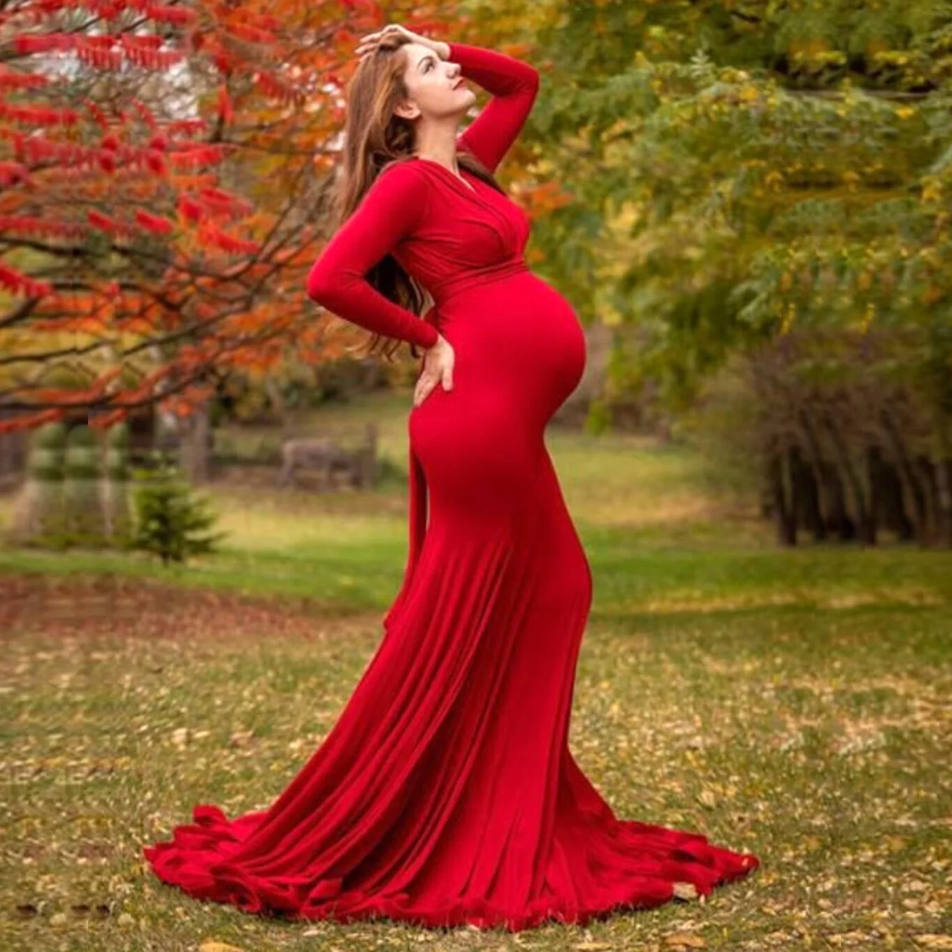 Maternity Dresses for Photo Shoot  for Baby Shower Pregnancy Red Mercerized Cotton Long Sleeve V-neck Skirt Grossesse Vestidos