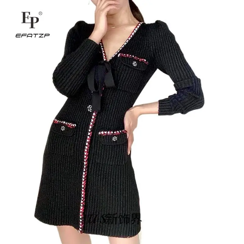

EFATZP 2022 Autumn New Arrive Women Knitted Mini Dress V neck Long Sleeve Three Buttons Slim Lady Short Dress
