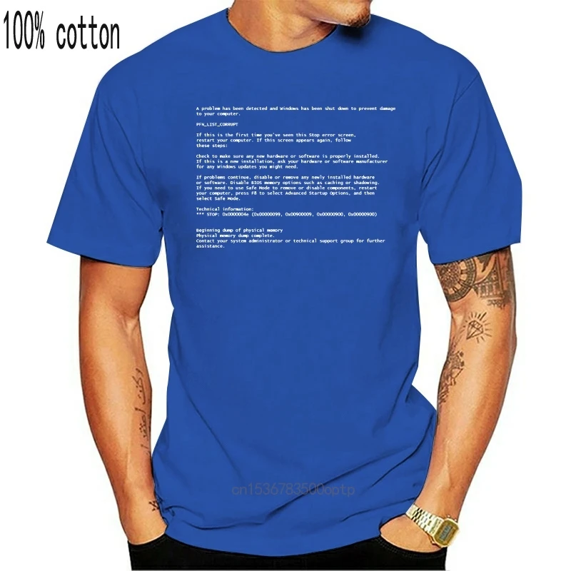 

Fashion Funny Tops Tees Screen of Death Computer Funny Adult Unisex Mens T-Shirt Blue Funny Printing T Shirts Men Short Sleeve