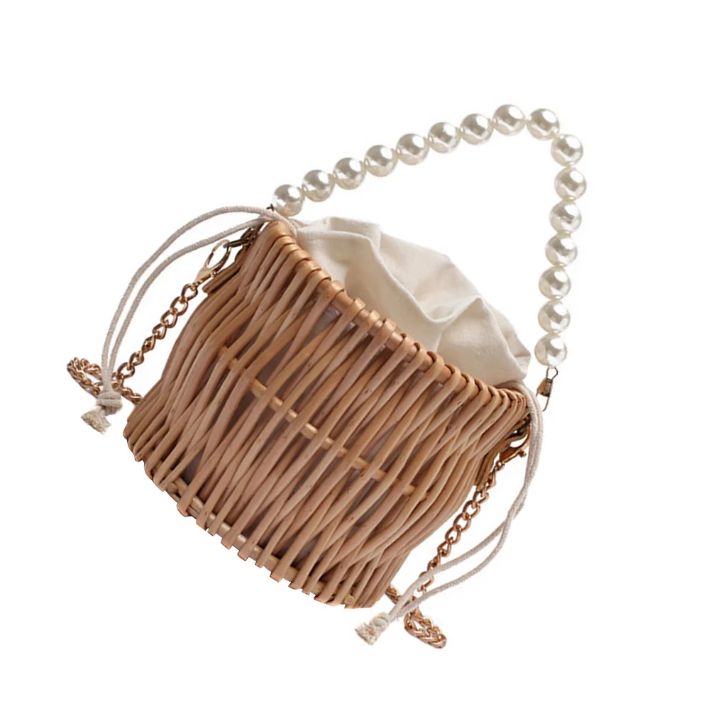 

1pc Beach Holiday Bag Pearl Woven Crossbody Bag Portable Shoulder Bag (Khaki)