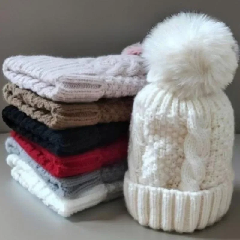 

For Women Fashion Winter Twist Knitting Hat Fur Pompom Thick Plush Cap Beanie Solid Color Ladies Warm Ski Snow Skullies Beanies