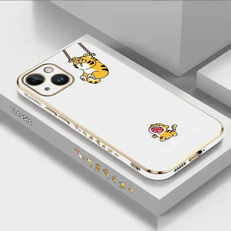 

Naughty Little Tiger Luxury Plating Phone Case For iPhone 14 13 12 11 Plus Pro Max Mini X XR XS SE2020 8 7 6 6S Plus Cover
