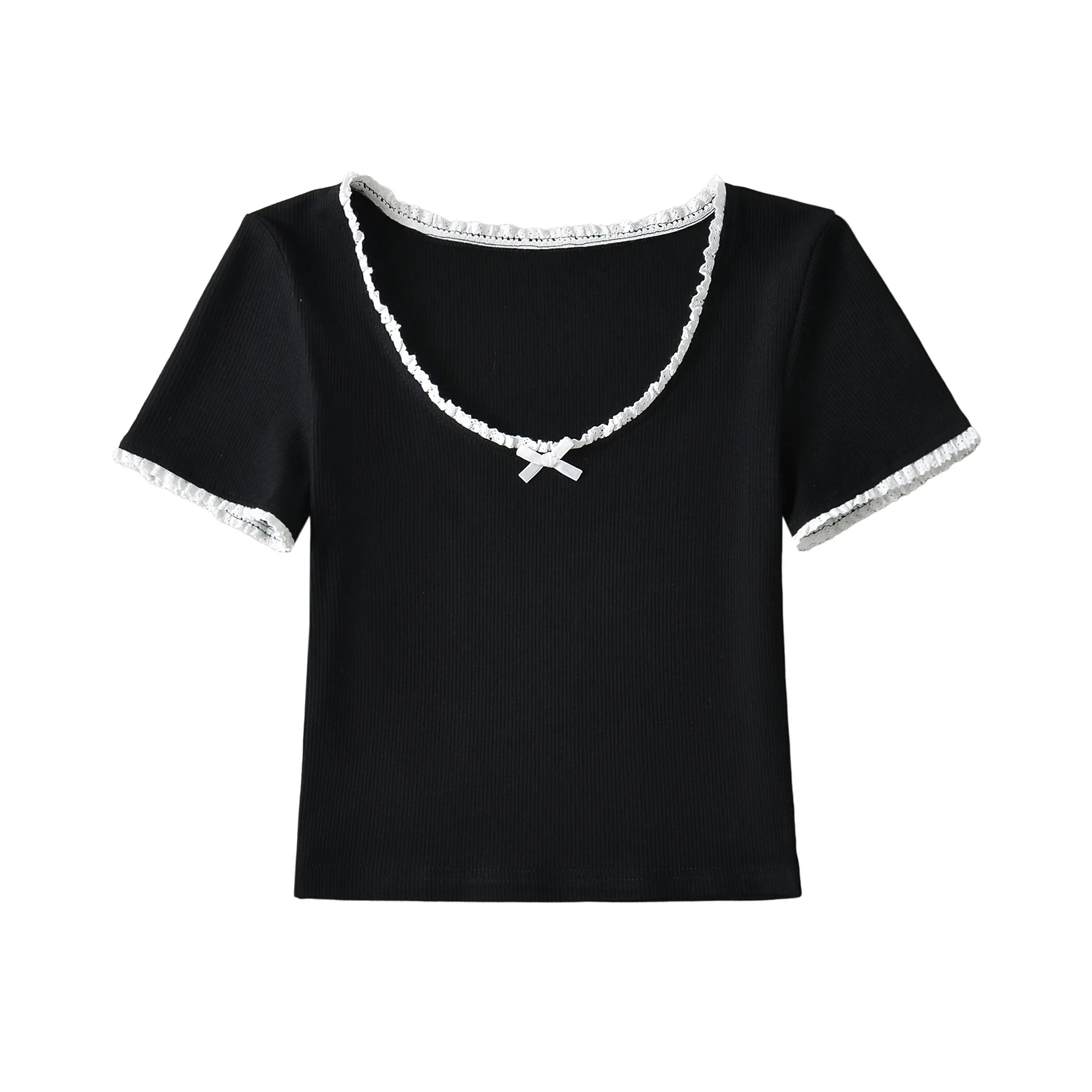 Женский кружевной топ с коротким рукавом Белый Кружевной укороченный круглым