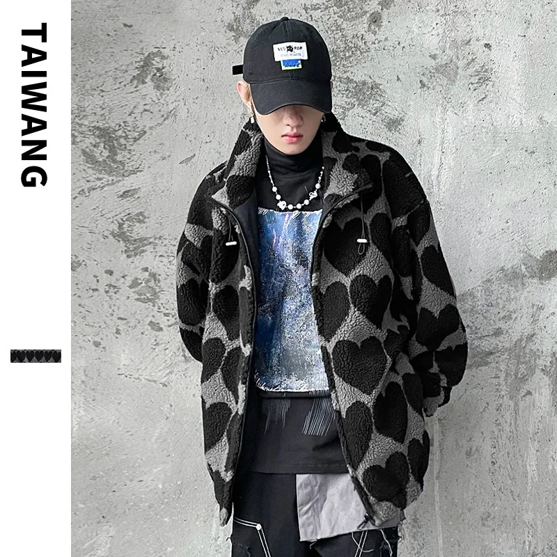 Autumn and winter new trendy brand loose lamb wool coat spades heart padded jacket men men's cold jacket parka Men's winter coat