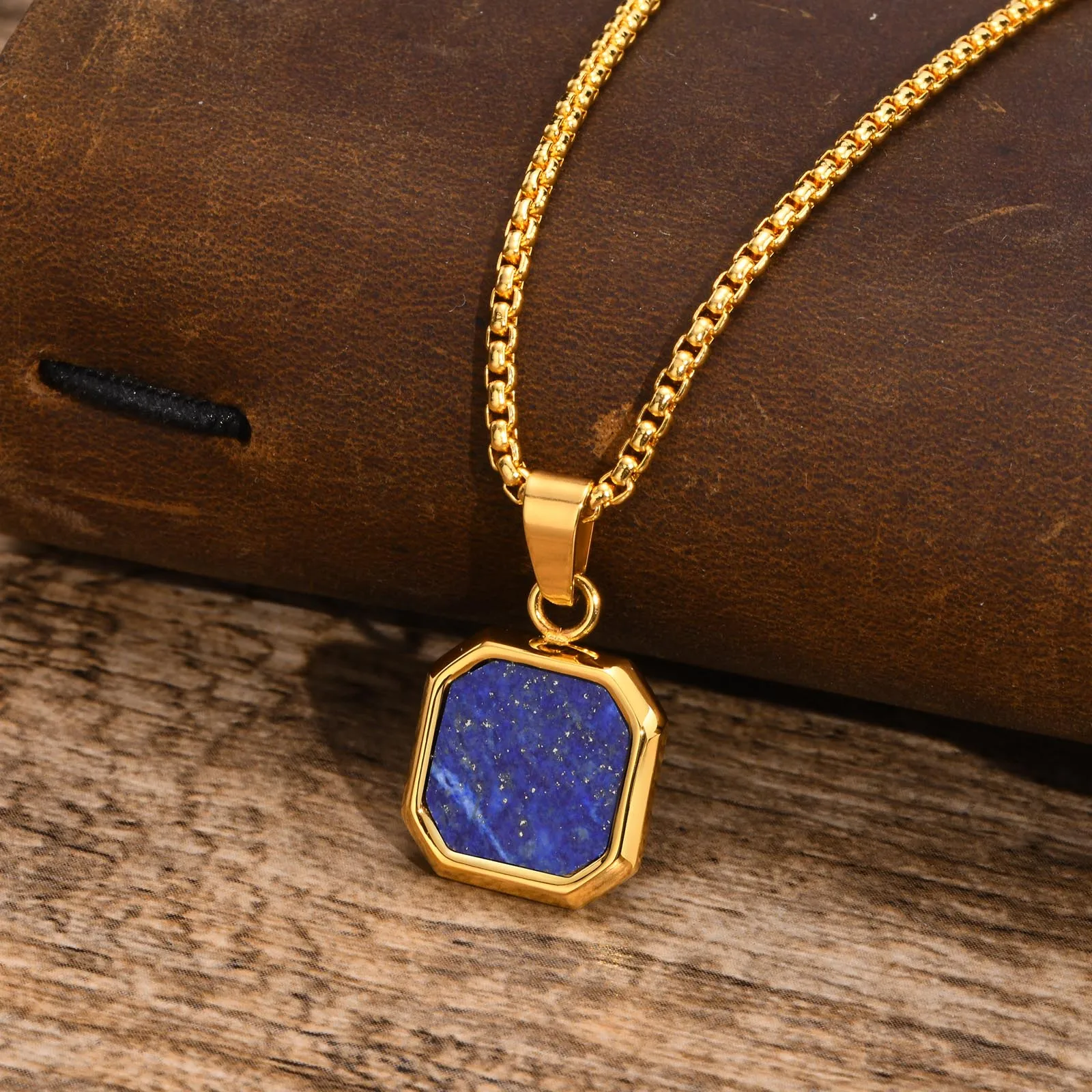 

Men's Stylish Gold Color Square Necklace with Lapis Lazuli Stone Pendant,Waterproof Stainless Steel Geometric Male Collar