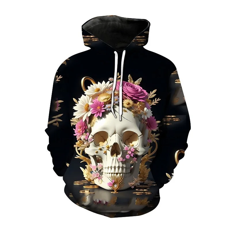 3D Printed Funny Skull Head Hoodies For Men Flower Leaf Pattern Pullovers Casual Hooded Sweatshirts Long Sleeves Oversized Tops
