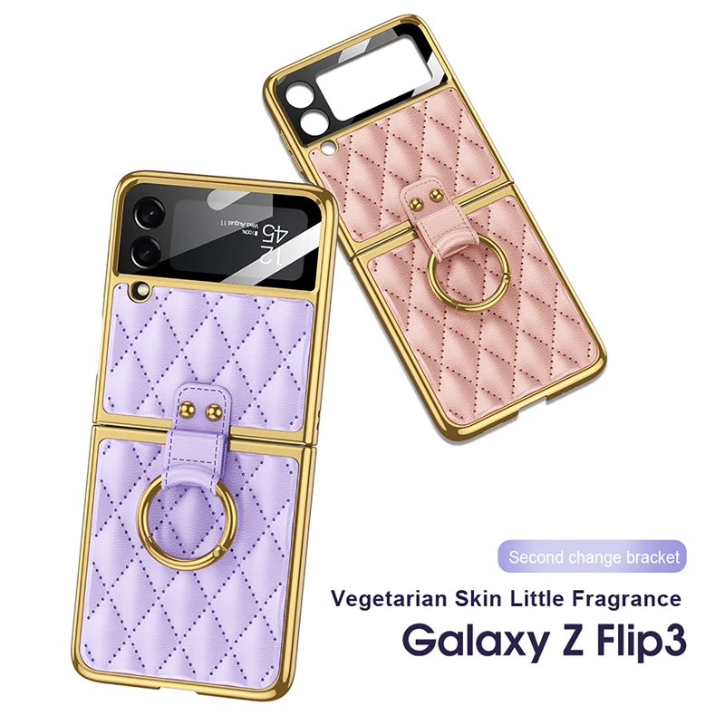 Case for Samsung Galaxy Z Flip4 Flip3 Plain Leather Folding Phone Case with Ring Stand All-Inclusive Z Flip3 4 Protective Cover