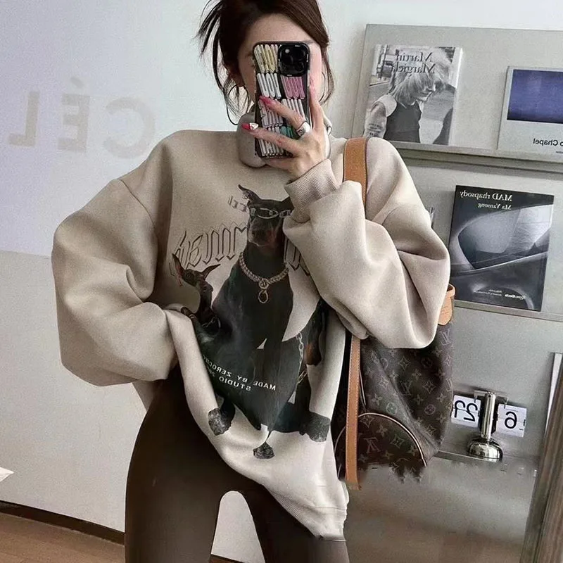 

99% Cotton Thick Durbin Dog Printed Sweater 2023 Autumn Women's Round Neck Fashion Long Sleeve Pullover Korean Loose Top