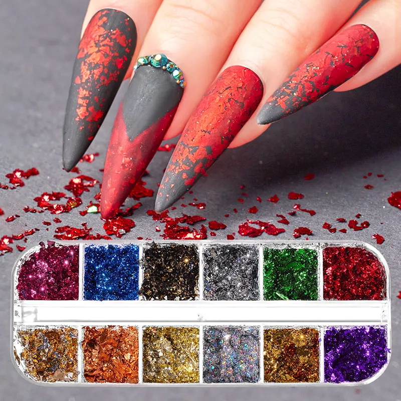 

12 colors Gold Silver Irregular Aluminum Foil Paper Nail Art Sticker 3D Glitter DIY Manicure UV Gel Polish Nail Decoration Tools