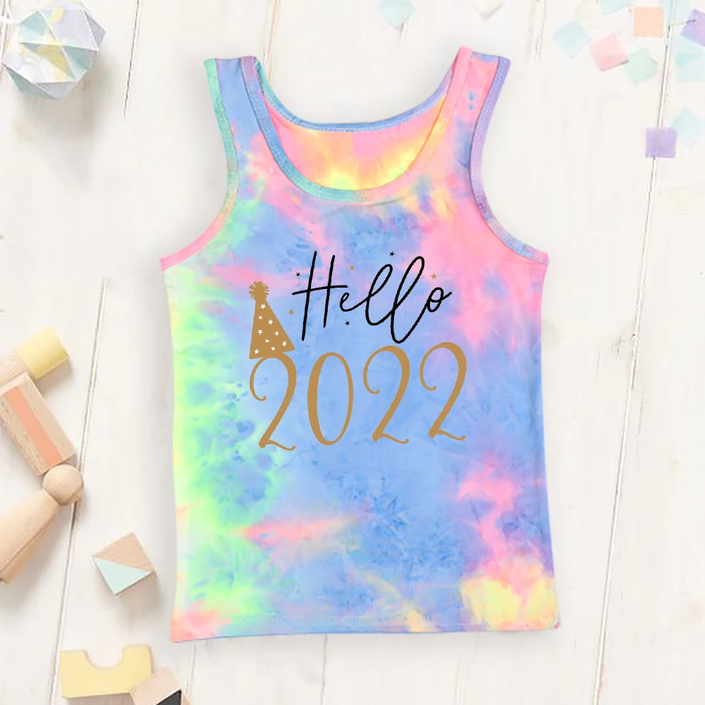 

Hello 2022 Childrens Tie Dye Tank Tops Cute Summer Sleeveless Top Cool Humor Funny Tops for Girls Boys New Year Vest Clothes