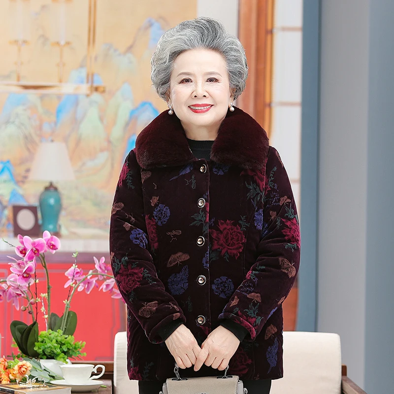 Middle-aged and Elderly Women's Coat Fur Collar Cotton Padded Winter Jackets Single-breasted Plush Thick Warm Overcoat Parkas