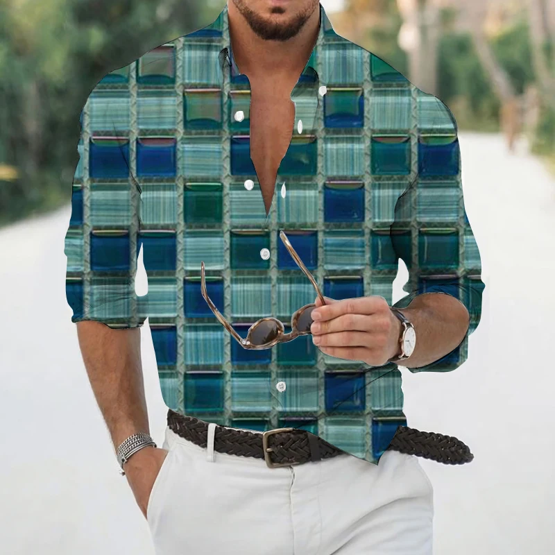 Men's Long Sleeve Shirts New Geometric 3D Printed Shirts Men's Slim Fit Long Sleeve Shirts Social Men's Club Prom Shirts S-4XL