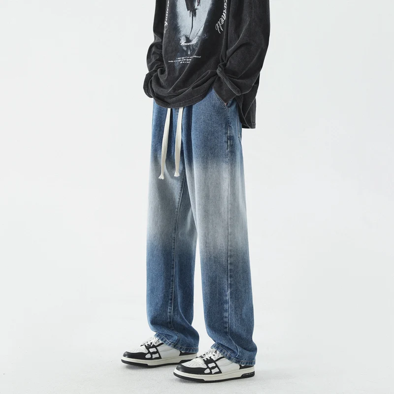 CAAYU Korean Fashion Men's Baggy Jeans Classic Japanese Streetwear Straight-leg Denim Wide-leg Pants Male Light Blue Grey Black