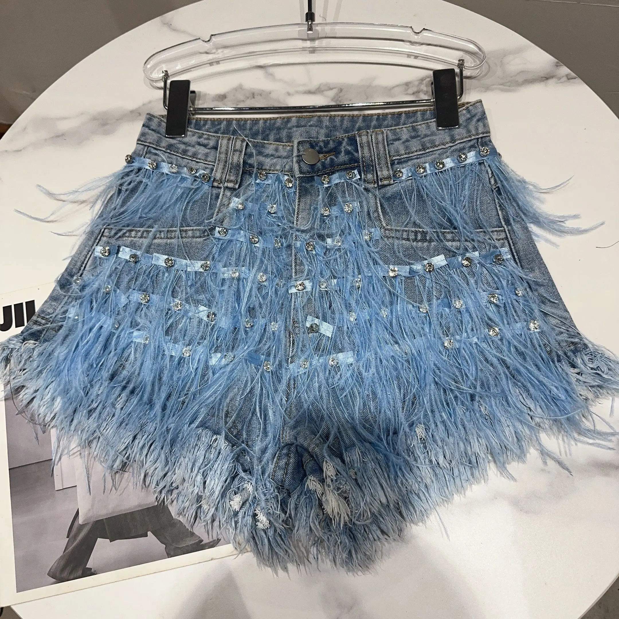 2023 Summer Hot Pants for Lady New High Street Hot Girl Feather Rhinestone Beaded Women's Denim Shorts Fashion High Waist Shorts