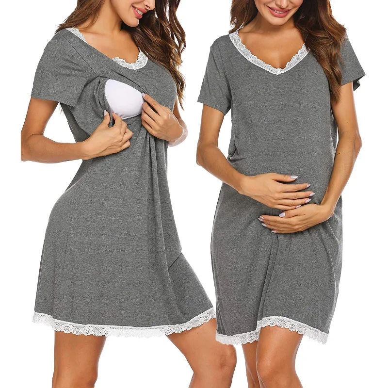 2022 summer maternity clothes  fashion mid-calf cotton v-neck casual nursing dress  breastfeeding dress pregnant women dress