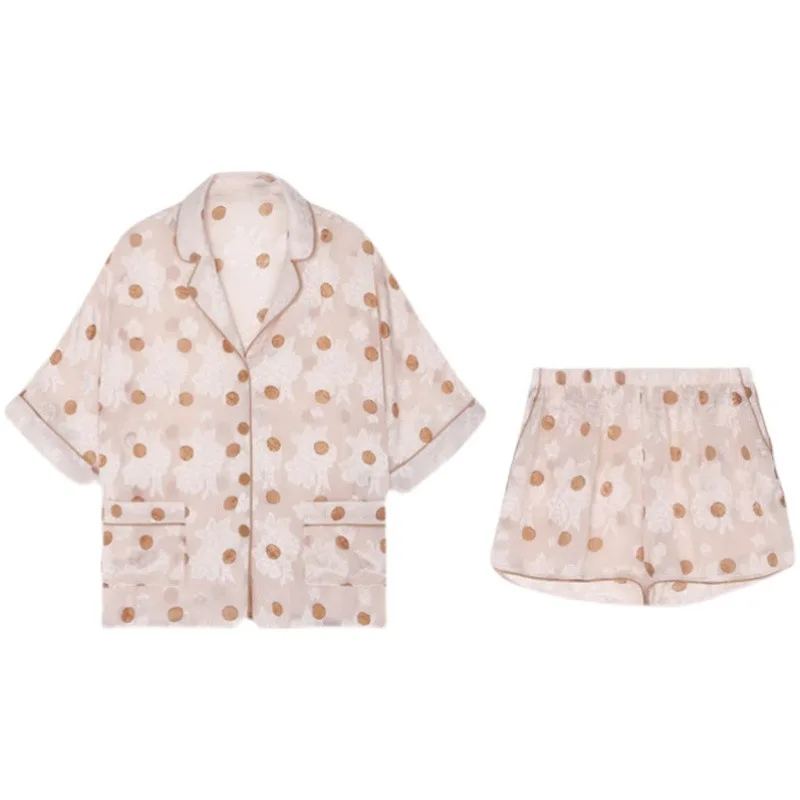 Summer Shorts Set Loose Women Silk Pyjamas Femme Satin Dots Pijama Vntage Print Sleepwear Short Sleeve Pajamas Casual Home Suit