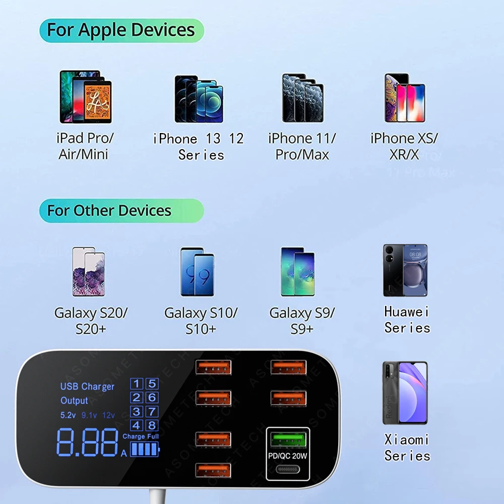 8-портовый Автомобильный Адаптер Для Зарядного Устройства USB Quick Charge 3.0 Мощностью