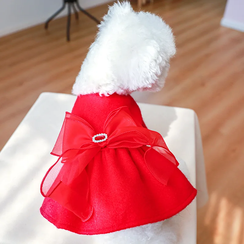 

Luxury Pearl Collar Dog Clothes Autumn Winter Red Bowtie Dog Jacket For Small Dogs Bichon Christmas Outfit Pet Dress Coat Yorkie