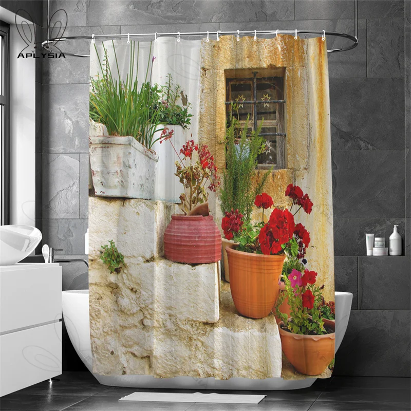 

Vintage Cityscape Shower Curtains Garden Wall Decor Landscape 3d Print Bathroom Curtains Waterproof Polyester Fabric Bath Screen