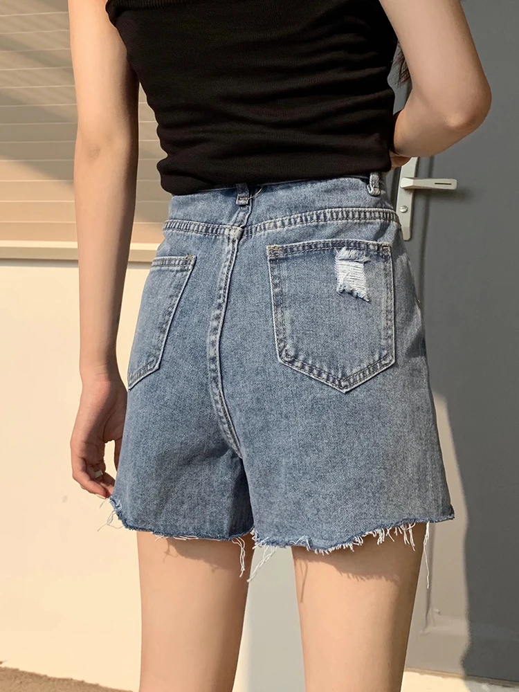 Streetwear Women High Waist Loose Hole Frayed Denim Shorts Spring Summer Female Wide Leg Jeans Shorts Bottoms