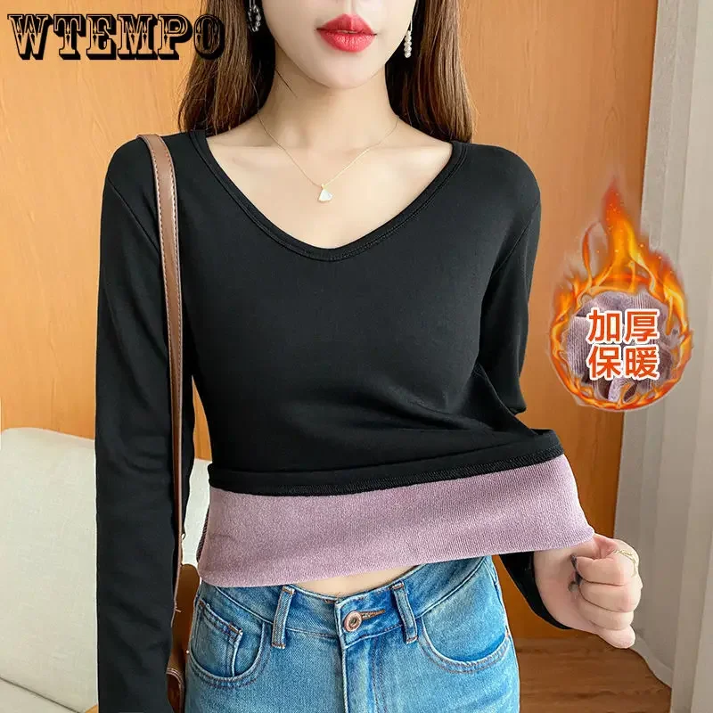 

Термобелье женское с V-образным вырезом, облегающий однотонный теплый топ с длинным рукавом, плюшевая подкладка, утепленная внутренняя одежда, осень-зима