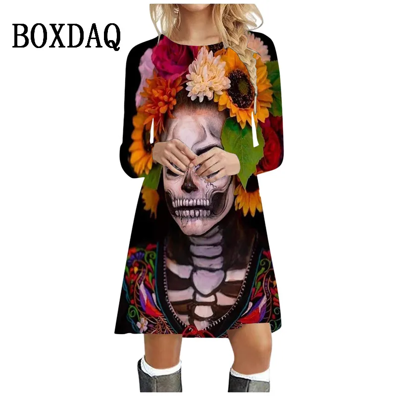

Gothic Style Funny Skull Head Pattern Femme Dress Fashion Halloween Party Dress Autumn Long Sleeve Loose Casual Mini Women Dress
