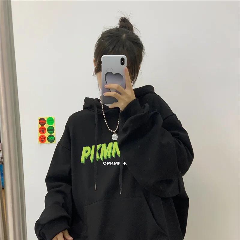 

Letter Print Fleece Hoodie Sweatshirt Women's Spring Autumn Vintage Street Long Sleeve Casual Warm Oversize Pullover Top Female