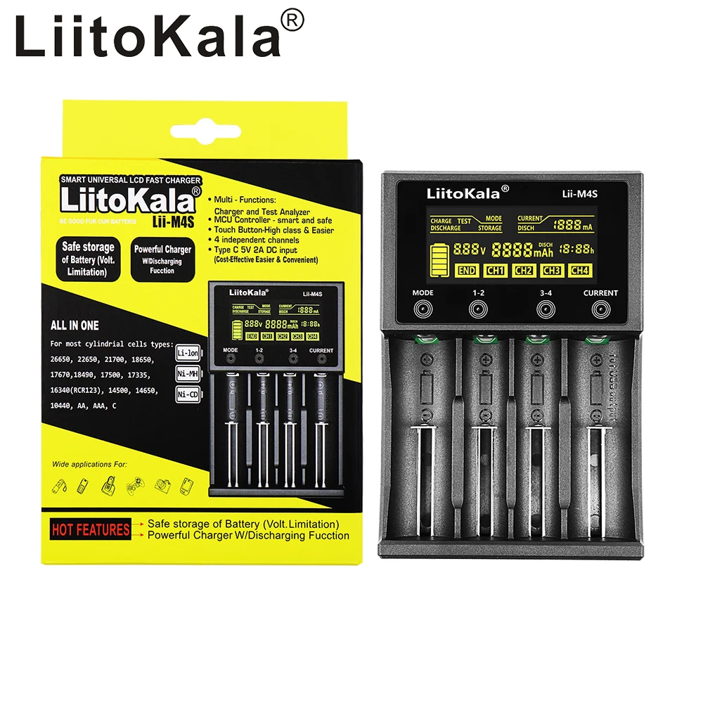 

Умное зарядное устройство LiitoKala Lii-M4S 18650, ЖК-дисплей для батарей 26650, 21700, 32650, 20700, 21700, AA, AAA