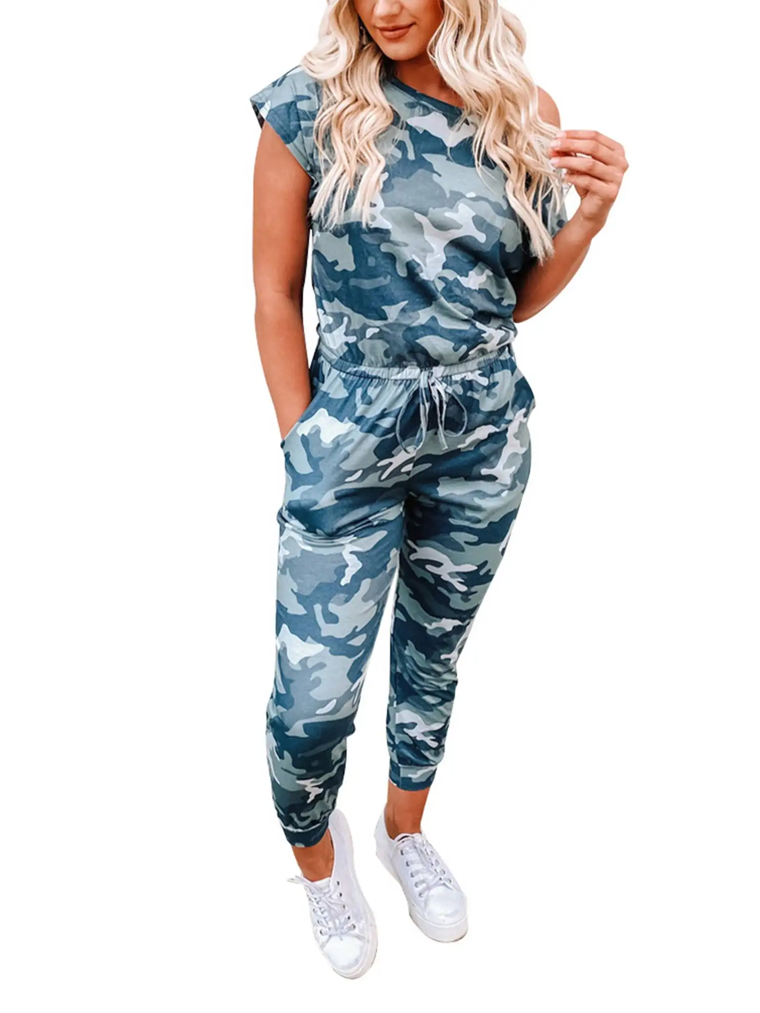 

Women Casual Camouflage Long Playsuit Short Sleeve Scoop Neck Jumpsuit With Pocket Drawsrting Elegant Streetwear Pencil Pants