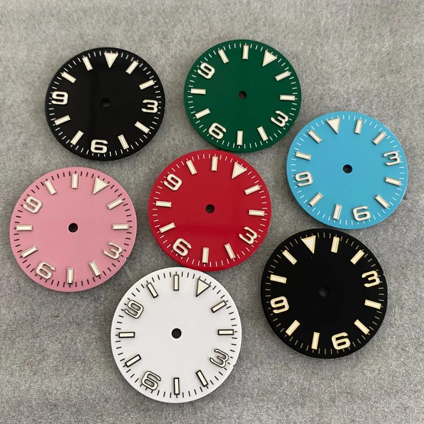 

Watch Accessories Watch Dial 28.5mm Red Yellow White Blue Bar Studs Dial Green Luminous Suitable for NH35/NH36/4R/7S Movement