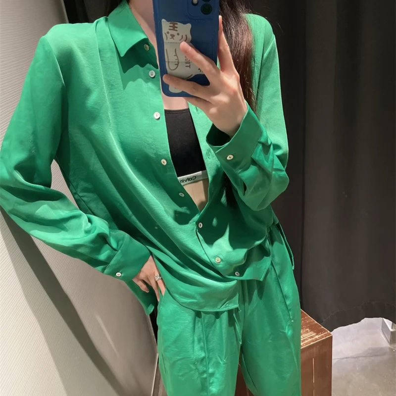 

2022 new autumn women's clothing Hem slit Lapel Long Sleeves drape shirt high waist drawstring casual pants suit