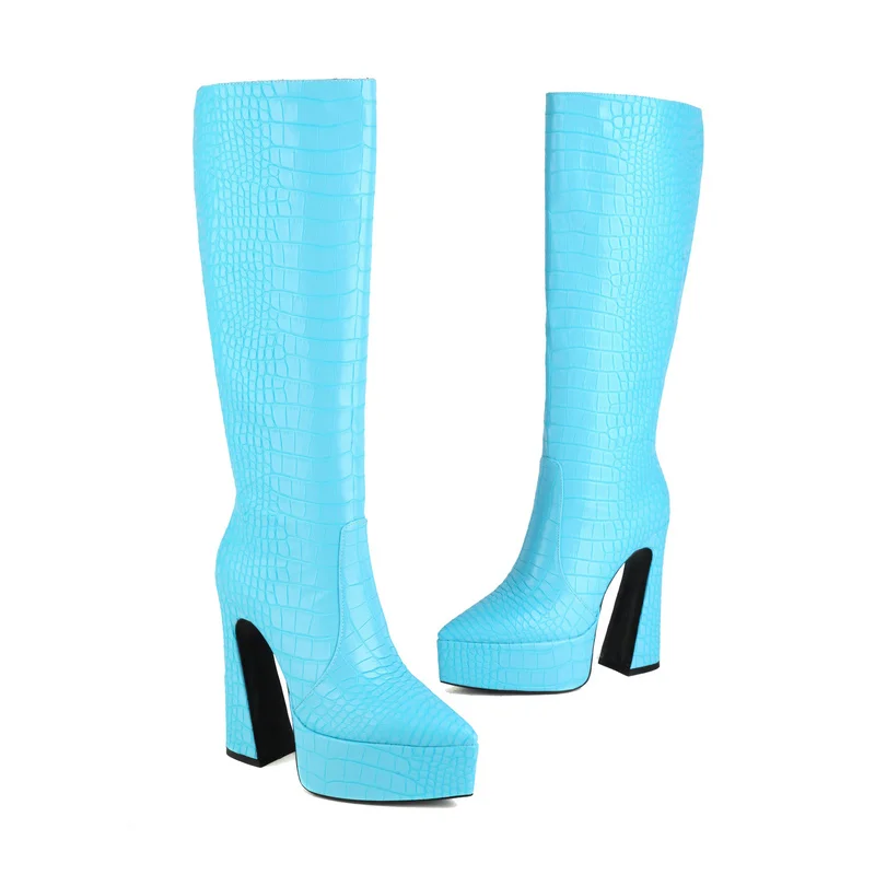 Plus Size 45 Women Knee High Boots Platform Square High Heel Ladies Calf Boots PU Leather Pointed Toe Away Dress Women's Shoes