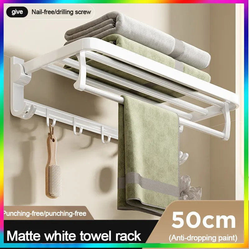 

Matte White 50CM Towel Rack With Hook Aluminum Holder Bathroom Accessories Folding Wall Rail Organizer Hanger Storage Shelf