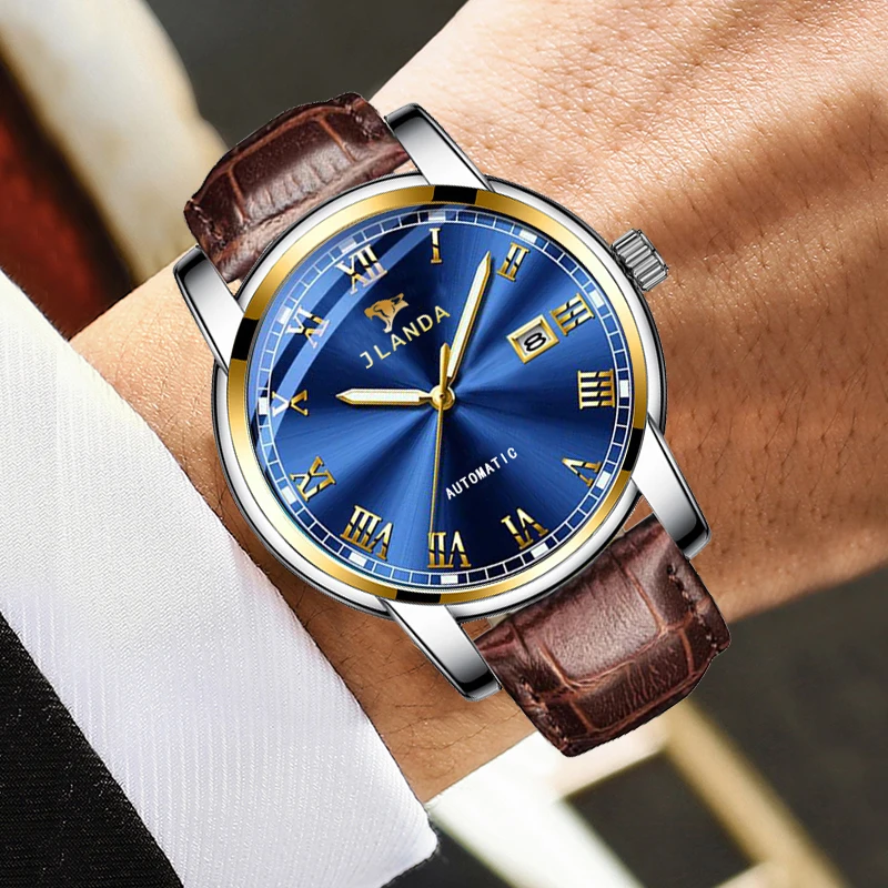 

Часы наручные мужские автоматические, с календарем и кожаным ремешком