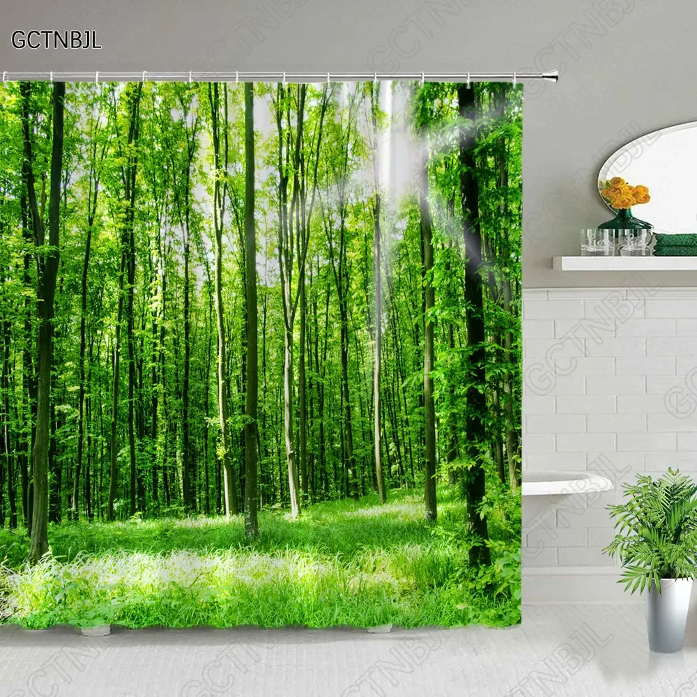 

Современные занавески для душа с 3D-принтом зеленых растений, деревьев, бамбуковый пейзаж леса, занавески для ванной комнаты, декоративная ткань