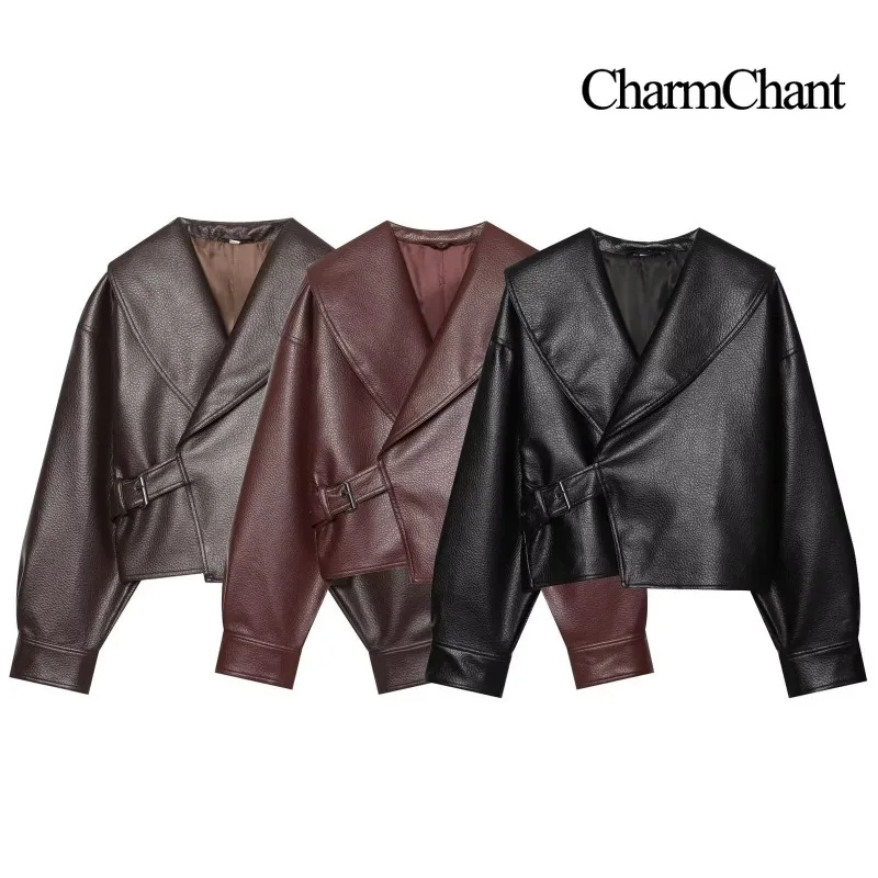 Фото Женская укороченная куртка CHARMCHANT из искусственной кожи с объемным шалевым воротником, ремешком на пряжке, свободного кроя, для повседневной носки, осень 2026. №1