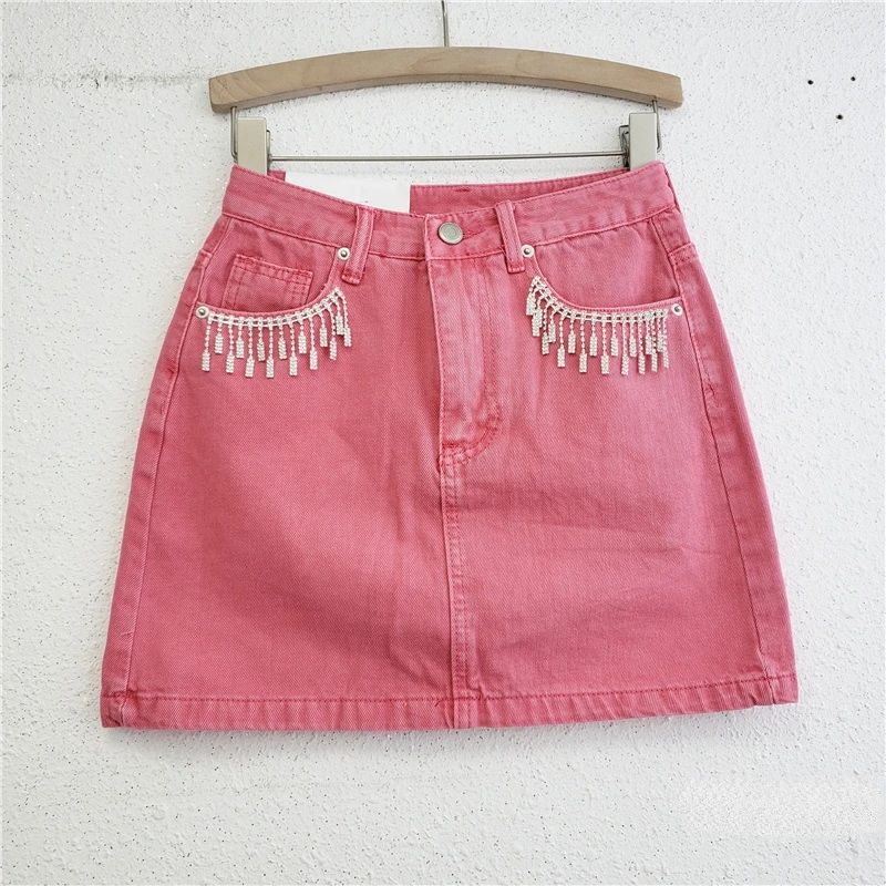 

2022 Summer Pink Denim Skirts Womens New Korean Style Slimming Rhinestone Tassel High Waist Hip-Wrapped Skirt Lady Girls