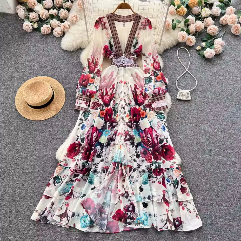 

Женское шифоновое платье с рукавами-фонариками, подиумное винтажное дизайнерское платье в стиле бохо с V-образным вырезом и цветочными оборками, 2023
