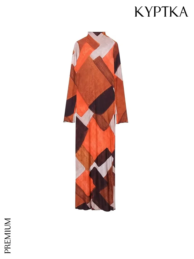 

KYPTKA Women Fashion Printed Midi Dress Vintage High Neck Long Sleeve Female Dresses Vestidos Mujer